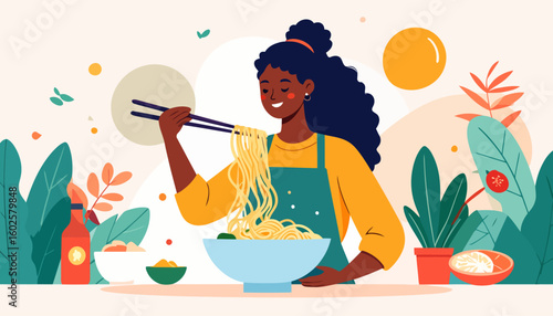 Joyful Black woman with a curly ponytail and apron eating noodles with chopsticks.