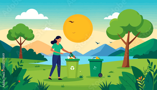 A woman with dark hair in a green shirt responsibly sorts trash into a green recycling bin.