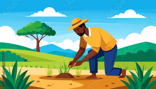 A barefoot Black farmer in a yellow shirt and hat, carefully kneeling to plant seeds in a tilled field.