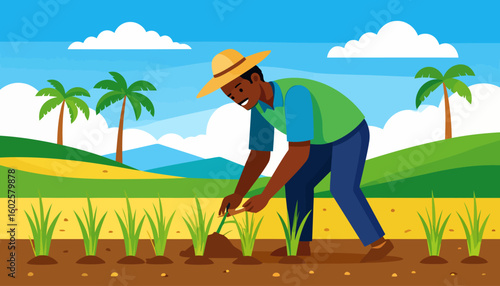 Happy Black farmer in a straw hat and green vest planting rice seedlings in a field.