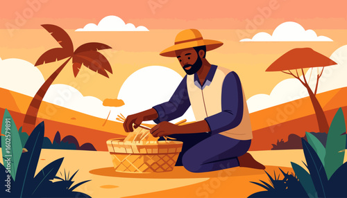 A Black farmer with a beard, wearing a yellow hat and vest, kneeling to gather harvest into a woven basket.