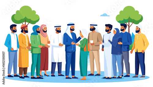 A diverse group of Muslim men and women in colorful traditional attire socializing and communicating.
