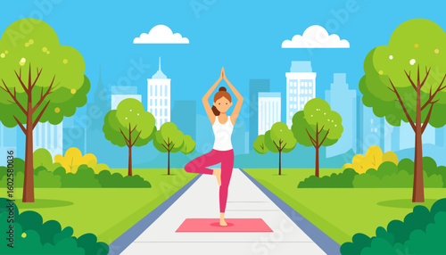 Cartoon woman in pink leggings and a white top practicing the Vrikshasana yoga tree pose.