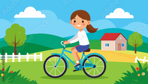 Happy cartoon girl with a brown ponytail and a cheerful smile riding a bright blue bicycle.