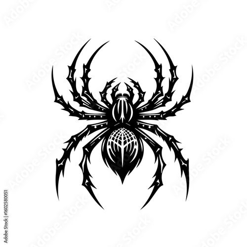A stylized black spider with sharp spiky legs isolated on a white background