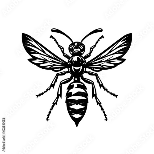A detailed black and white illustration of a wasp isolated on white background