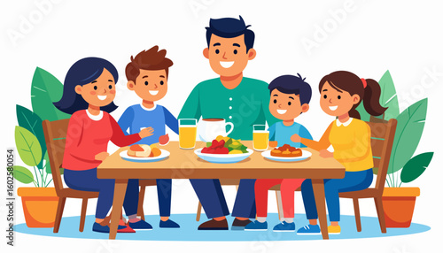 Happy cartoon family of five enjoying a meal together at a dining table, smiling cheerfully in a flat vector illustration style.