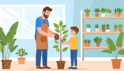 Bearded father in a brown apron and his young son happily potting a tall green plant together, surrounded by other houseplants.