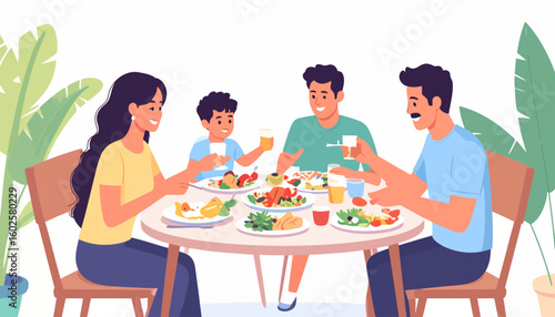 Happy family with two children enjoying a healthy meal together at a round dining table. Modern flat illustration style.
