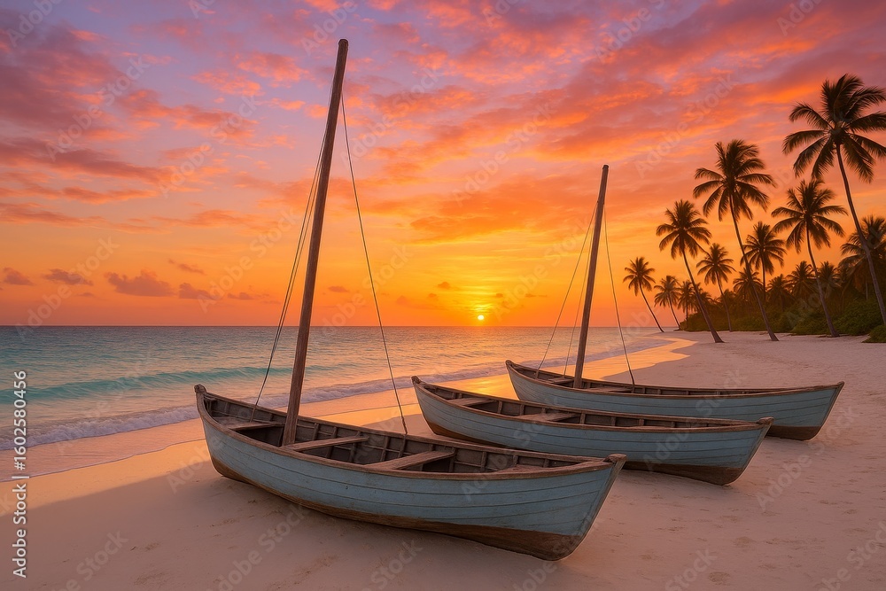 Naklejka premium Three fishing boats on sandy beach during sunset with palm trees 