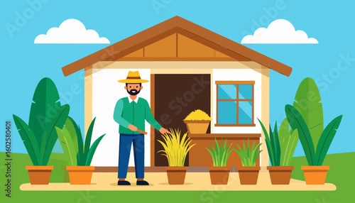 Smiling bearded farmer in a yellow hat and green sweater gesturing towards a potted plant.