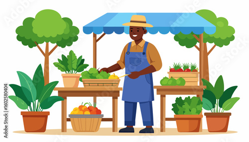 Smiling Black farmer in a straw hat and blue apron at an outdoor market stall with fresh produce.