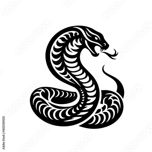 A stylized black cobra snake coiled and ready to strike isolated on white background