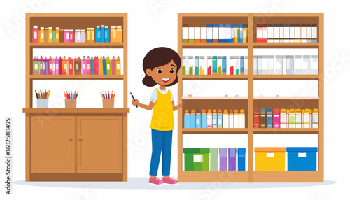 Cheerful young girl choosing art supplies from organized wooden bookshelves.