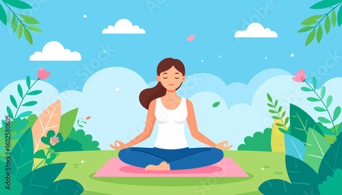 Serene cartoon woman with brown hair meditating in a lotus pose on a pink mat.