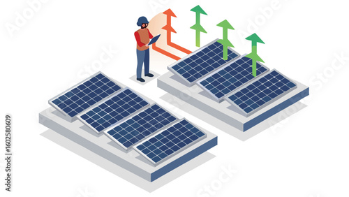 Isometric view of solar panels with a technician and upward arrows indicating energy production