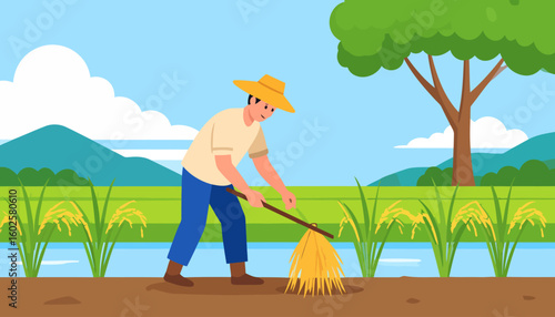 A cheerful male farmer in a yellow hat and blue pants, gathering a sheaf of golden rice with a wooden stick.