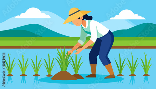 Female farmer in a yellow straw hat and blue overalls planting rice seedlings in a flooded paddy field.