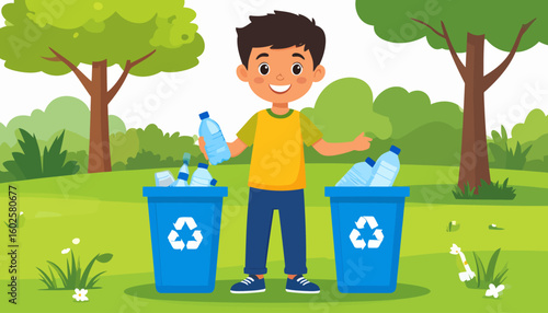 Illustrated boy with a bright smile recycling plastic bottles into two blue bins.