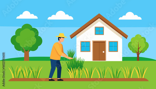 Male farmer character in a yellow hat and orange shirt planting a bunch of green seedlings. Flat vector illustration.