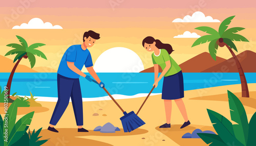 A smiling man and woman in casual clothes working together to sweep a beach.