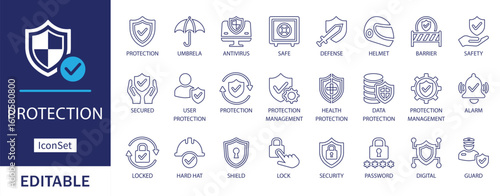 Flat protection line icon set featuring shield, lock, antivirus, safety, helmet, password, and security elements.