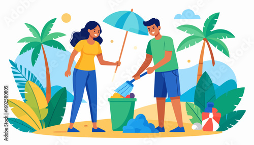 Happy young couple in casual clothes cleaning a tropical beach, collecting trash with a broom and bin.