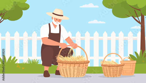 An elderly farmer with a white beard and hat, crouching while filling a wicker basket with straw.