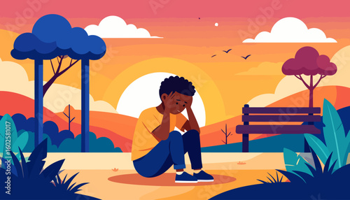 A sad young man with curly hair sitting on the ground, holding his head in a gesture of despair and anxiety.