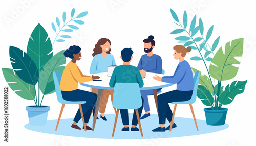 A diverse team of five colleagues in a creative business meeting, sitting at a round table and collaborating amongst lush green plants.