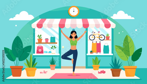 Happy woman in green sportswear practicing the tree yoga pose with a joyful smile.