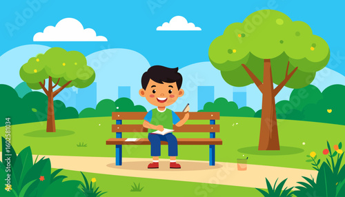 Smiling cartoon boy with black hair in a green vest, sitting on a bench and drawing in his notebook.