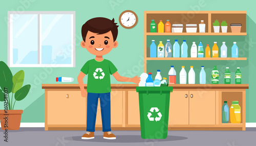 Happy cartoon boy in a green recycling t-shirt putting plastic bottles into a bin.