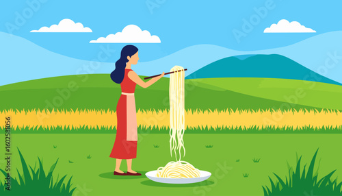 A woman in a red dress and apron lifting long, flowing noodles with large chopsticks from a white plate.