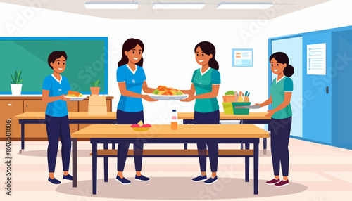 Four smiling women in matching blue and teal uniforms serving food together