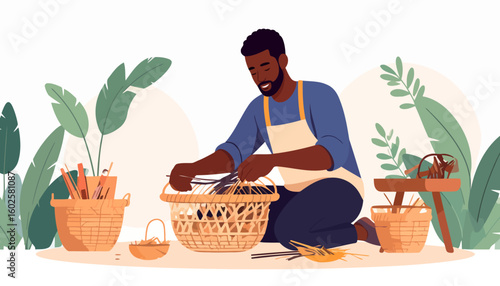 A smiling Black man with a beard, wearing an apron, kneels on the floor while weaving a large wicker basket with natural fibers.