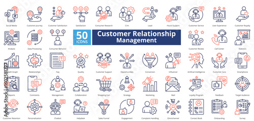 Customer relationship management icon set contains 50 icons including, strategy, marketing, mail, loyalty, program, feedback, target, audience, simple vector dual tone style.