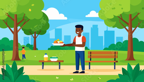 Smiling young Black man in a casual red and white shirt holding a plate of food.