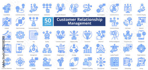 Customer relationship management icon set contains 50 icons including, contact, book, onboarding, survey, handling, omnichannel, shopping cart, simple vector blue style.