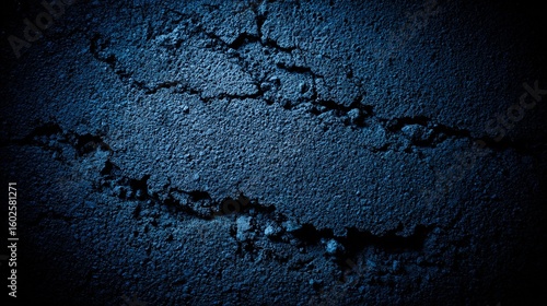 Abstract dark concrete surface with raw texture variations, highlighting weathered cracks and aggregates under moody lighting.