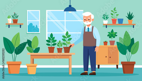 Elderly man with a white beard and apron happily tending to his indoor potted plants.