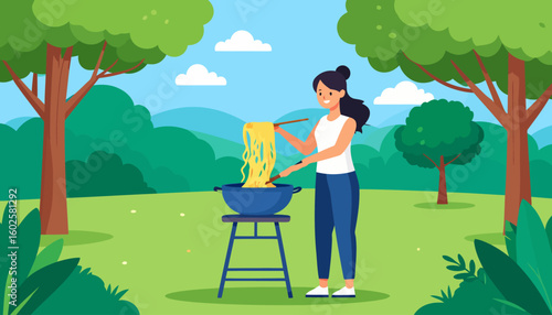 Cheerful woman with dark hair in a ponytail cooking yellow noodles with chopsticks in a blue pot.