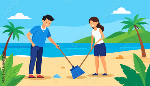Happy young man and woman volunteers with brooms, cleaning together. Flat cartoon character illustration with smiling expressions.