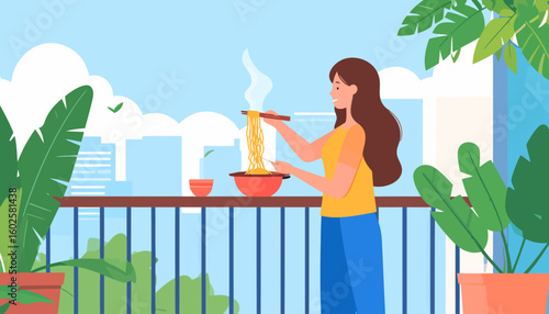 Smiling woman with long brown hair enjoying hot steaming noodles with chopsticks from a red bowl on a sunny balcony.
