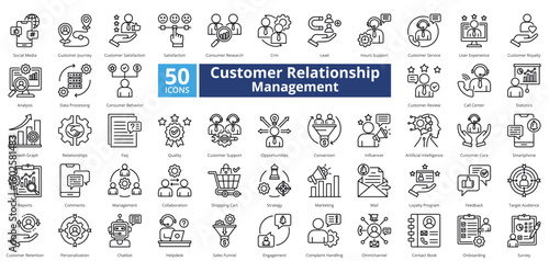 Customer relationship management icon set contains 50 icons including, growth graph, relationships, faq, quality, support , opportunities, conversion, influencer, simple vector outline style.