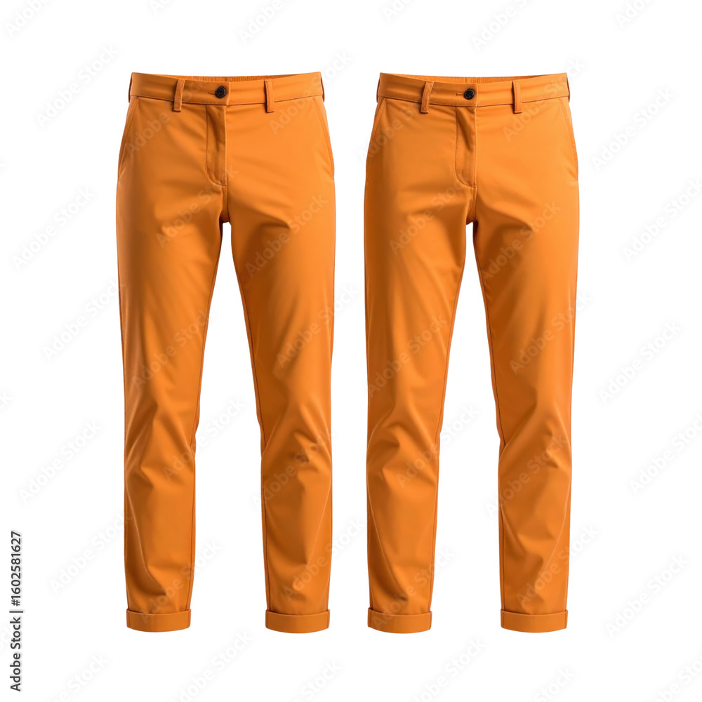 Two Pairs Of Orange Chinos With Cuffed Hems And A Single Dark Button Closure isolated on transparent background. PNG die-cut for advertising Two Pairs Of Orange Chinos With Cuffed Hems And A Single Dark Button Closure isolated on transparent background. PNG die-cut for advertising