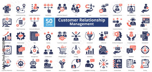 Customer relationship management icon set contains 50 icons including, lead, service, user, experience, royalty, analysis, data, simple vector mixed duotone  style.