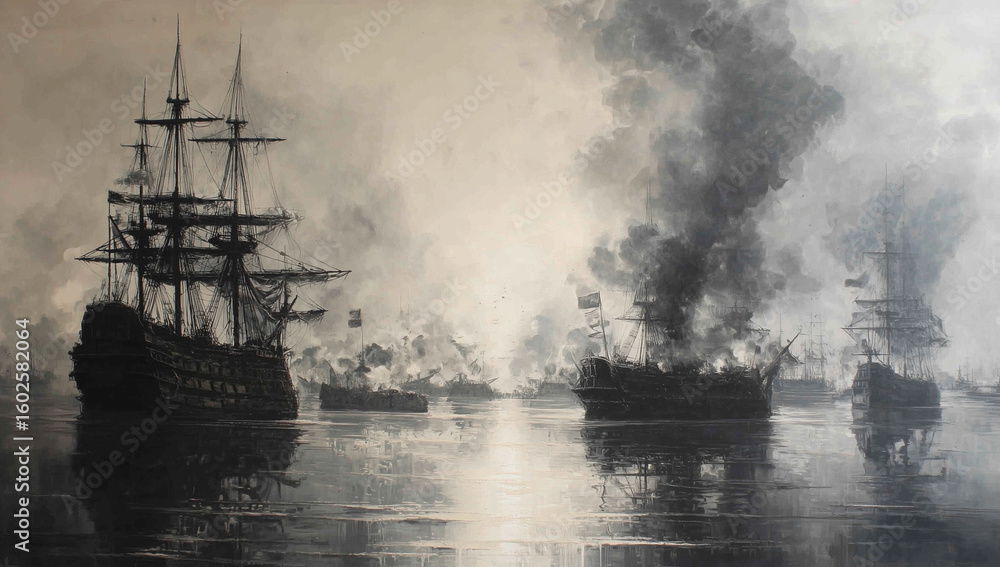 Fototapeta premium Sailing Ships in a Naval Battle During Foggy Conditions. Tall Ships in the Last Mists of Morning Fog