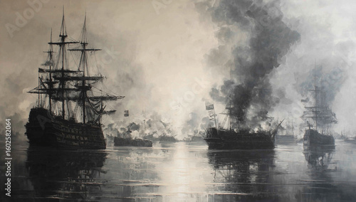 Wallpaper Mural Sailing Ships in a Naval Battle During Foggy Conditions. Tall Ships in the Last Mists of Morning Fog Torontodigital.ca