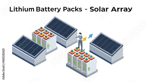 Isometric view of solar panels and battery packs with a person standing on a battery pack